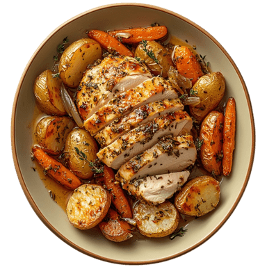 Poulet rôti aux herbes et légumes du marché