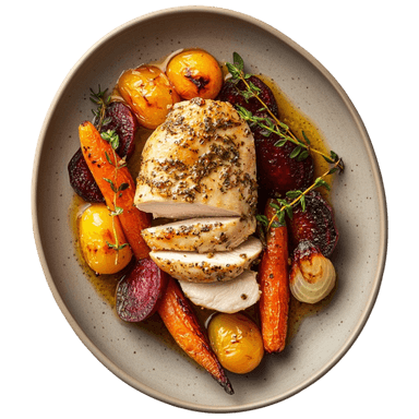 Poulet rôti aux légumes racines caramélisés et tomates confites