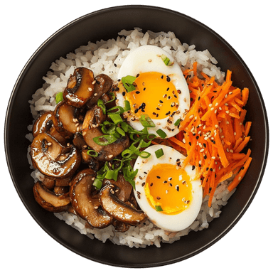 Bowl de riz aux œufs mollets et champignons