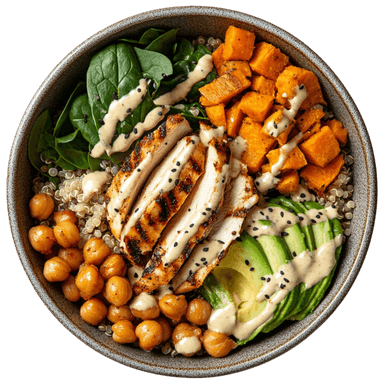 Buddha bowl au poulet mariné et légumes rôtis