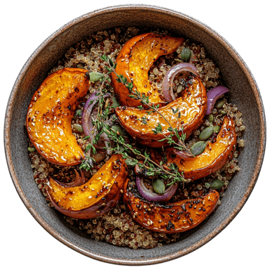 Courge butternut rôtie au miel, thym et quinoa