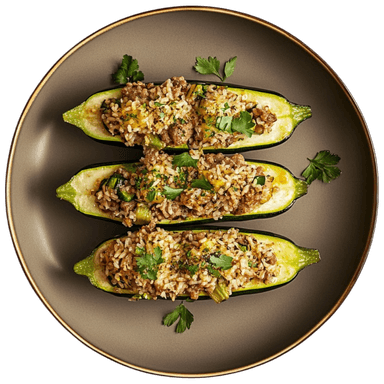 Courgettes farcies à la viande et riz aux herbes