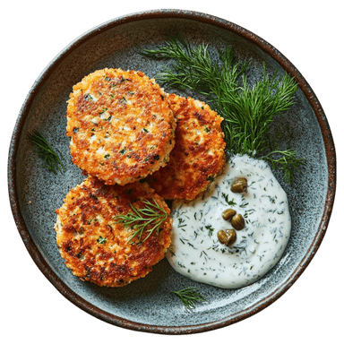 Galettes de saumon express, sauce yaourt aux herbes