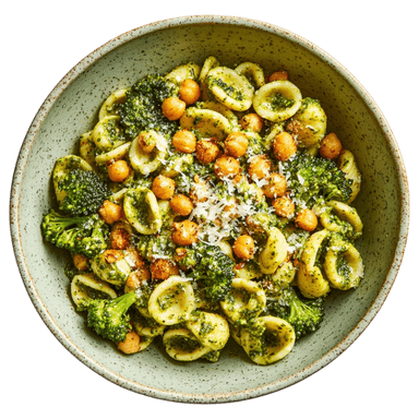 Orecchiette au pesto, brocoli et pois chiches rôtis
